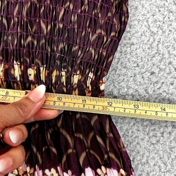 Vintage 70s Dress Size Small Floral Smocked Maxi Burgundy Boho Hippie - Picture 8 of 16